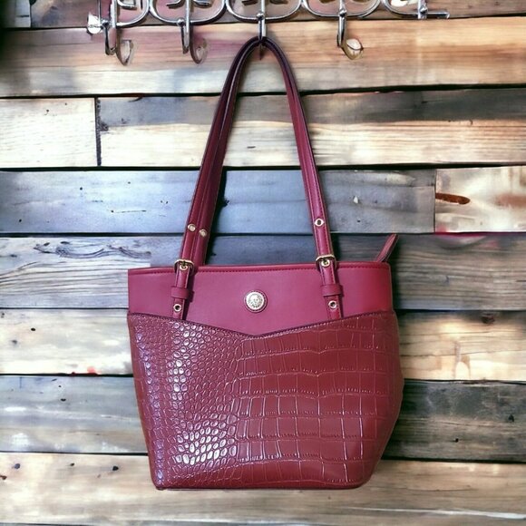 Anne Klein Handbags - Anne Klein Red Croc Embossed Perfect Tote Red Bucket Shoulder Bag Gold-Tone Acce